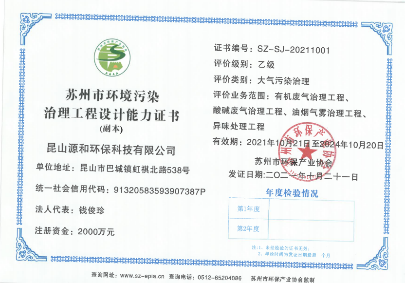 蘇州環境汙染治理工程設計能力證書（shū）